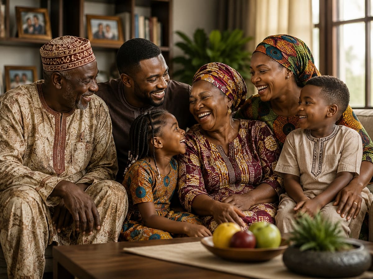 Three generations of a family laughing together at home — grandparents, parents and two children